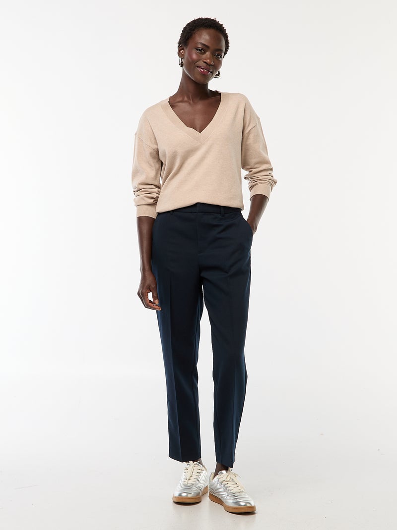 Camisola de Malha Fina com Decote em V Bege - Kiabi