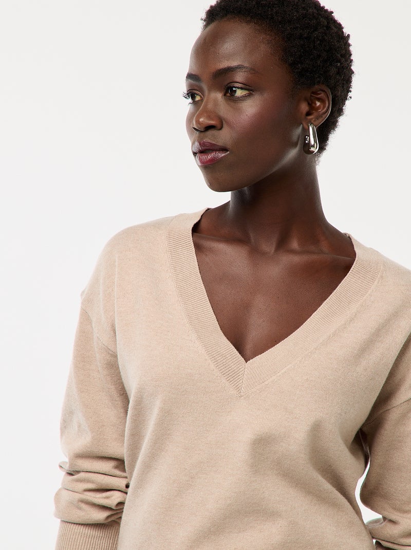 Camisola de Malha Fina com Decote em V Bege - Kiabi