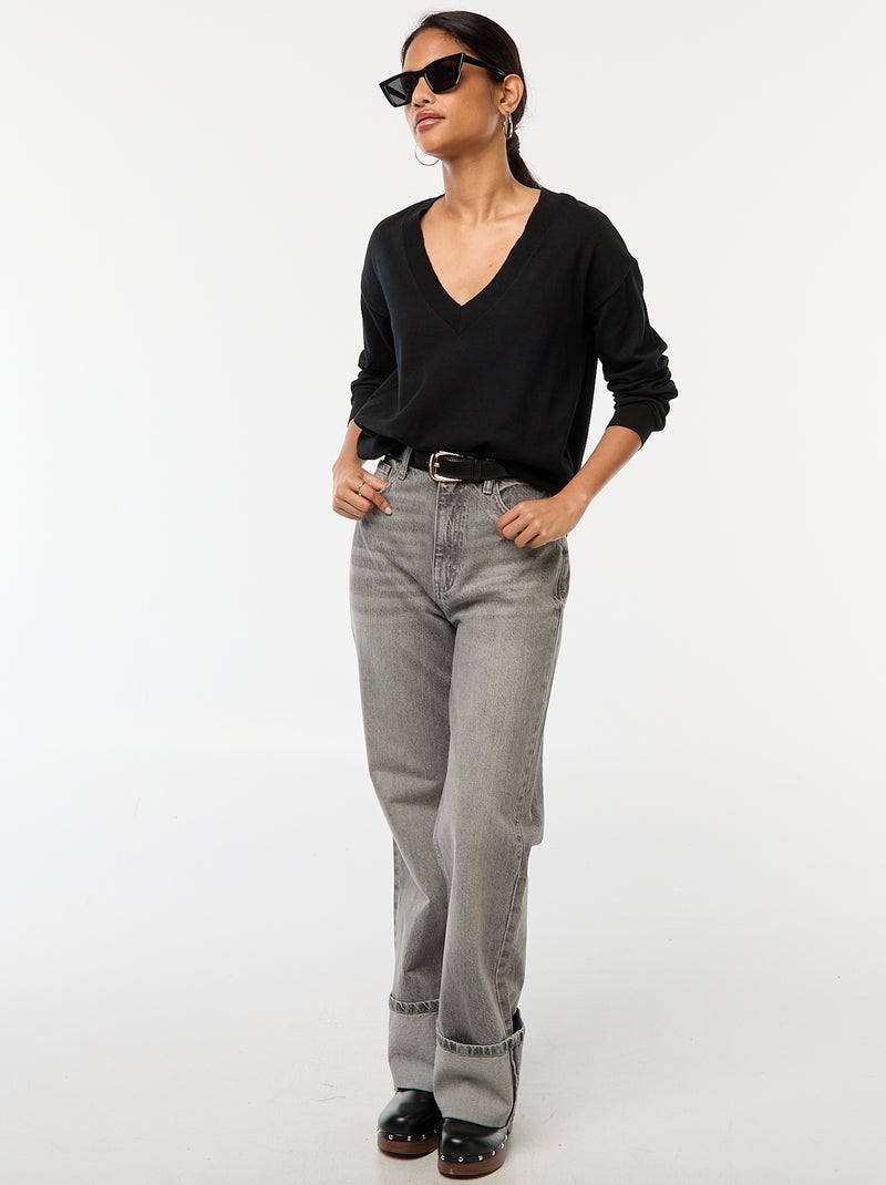 Camisola de malha fina com decote em V Preto - Kiabi
