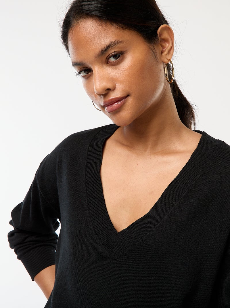 Camisola de malha fina com decote em V Preto - Kiabi