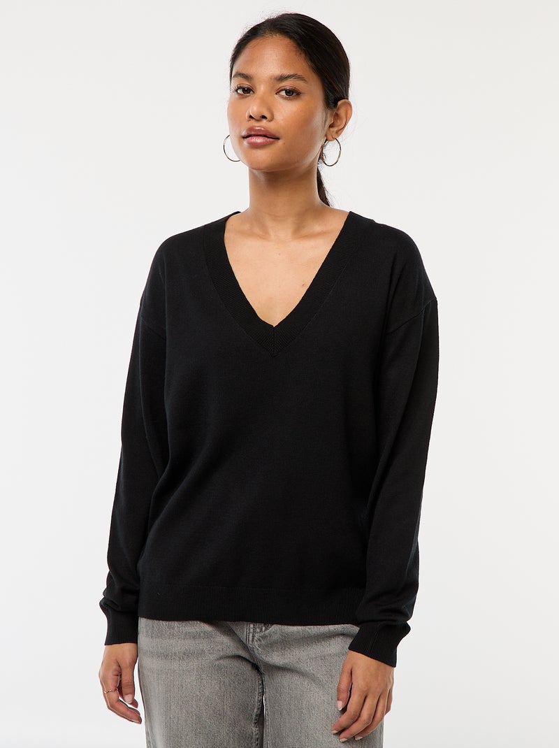 Camisola de malha fina com decote em V Preto - Kiabi