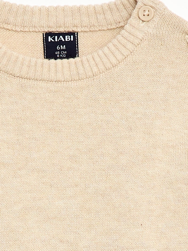 Camisola de malha fina com gola abotoada Bege - Kiabi