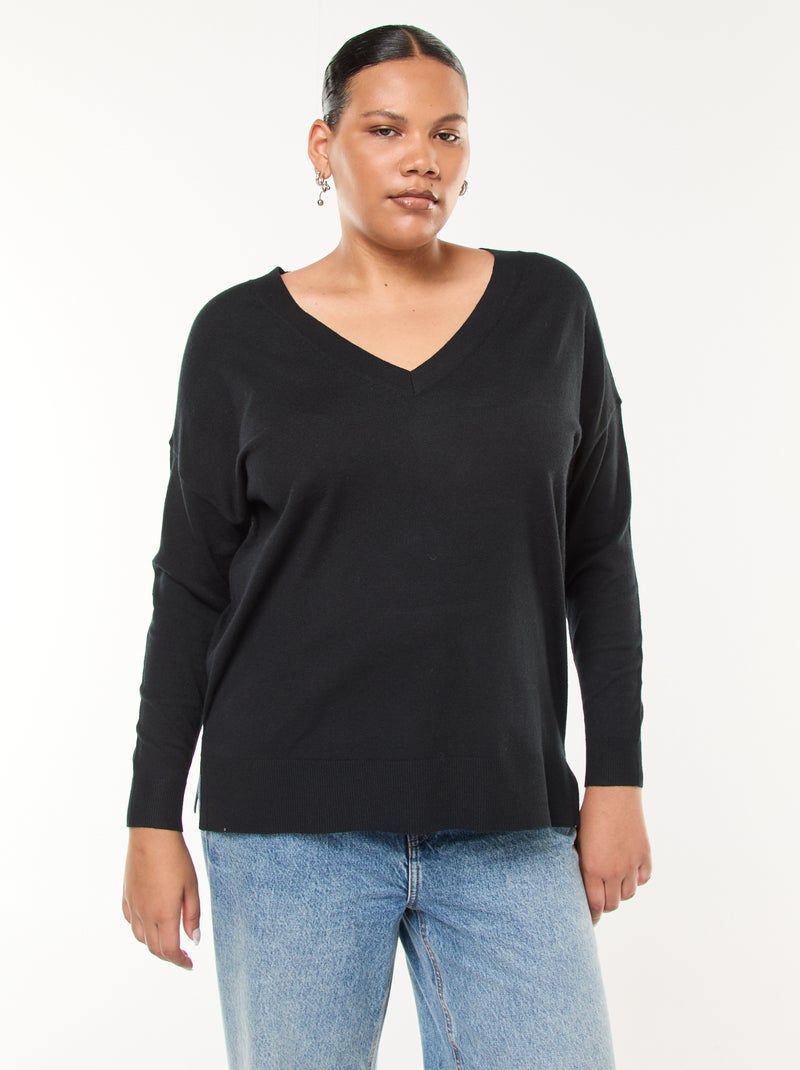 Camisola de malha fina com gola em V Preto - Kiabi