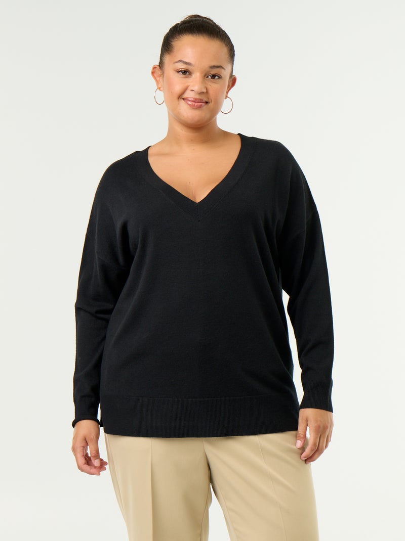 Camisola de malha fina com gola em V Preto - Kiabi