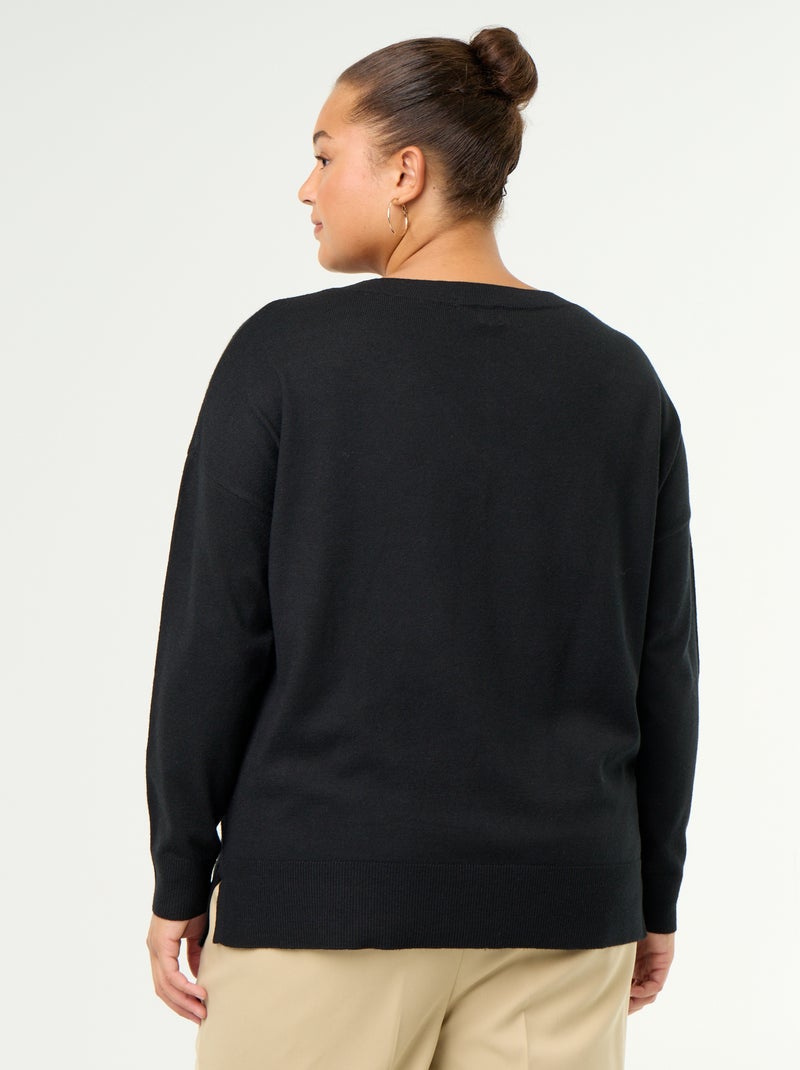 Camisola de malha fina com gola em V Preto - Kiabi
