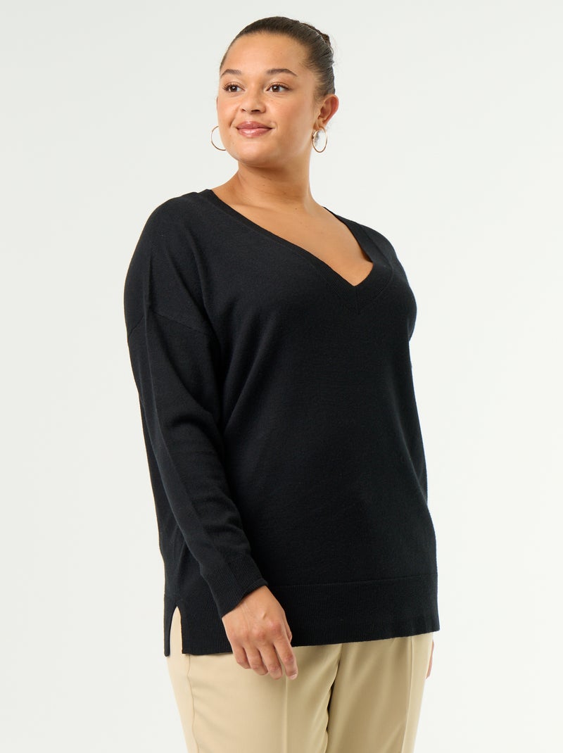 Camisola de malha fina com gola em V Preto - Kiabi