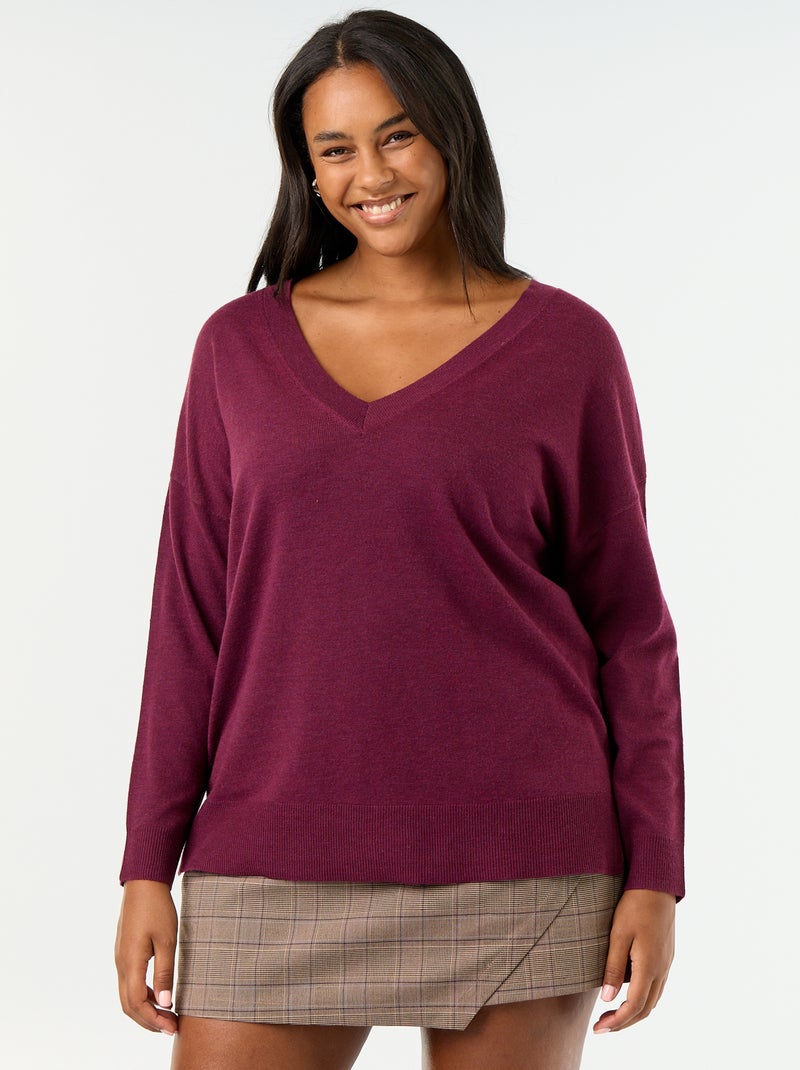 Camisola de malha fina com gola em V Rosa - Kiabi