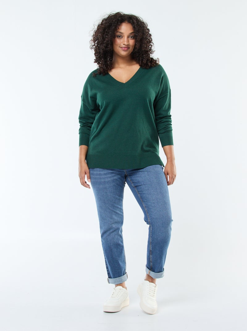 Camisola de malha fina com gola em V Verde - Kiabi