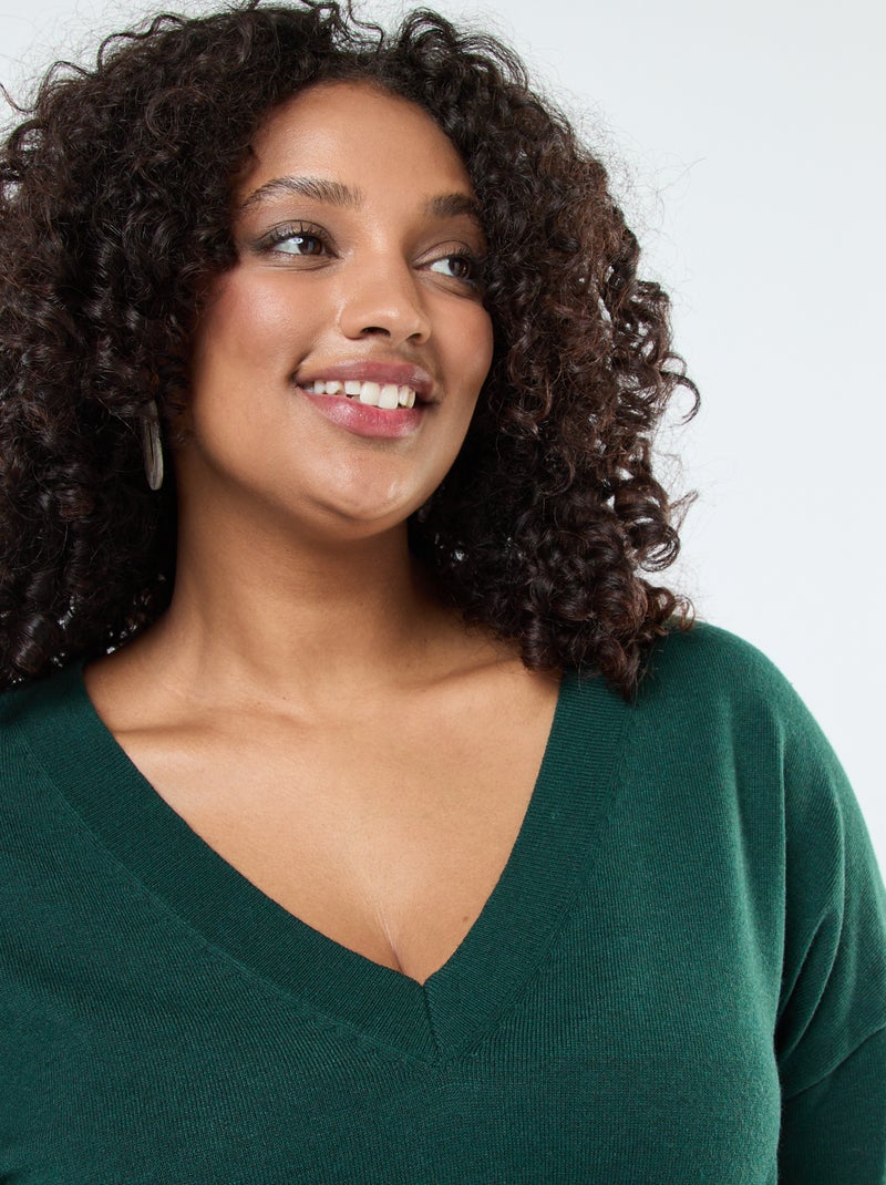 Camisola de malha fina com gola em V Verde - Kiabi