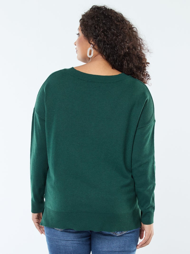 Camisola de malha fina com gola em V Verde - Kiabi