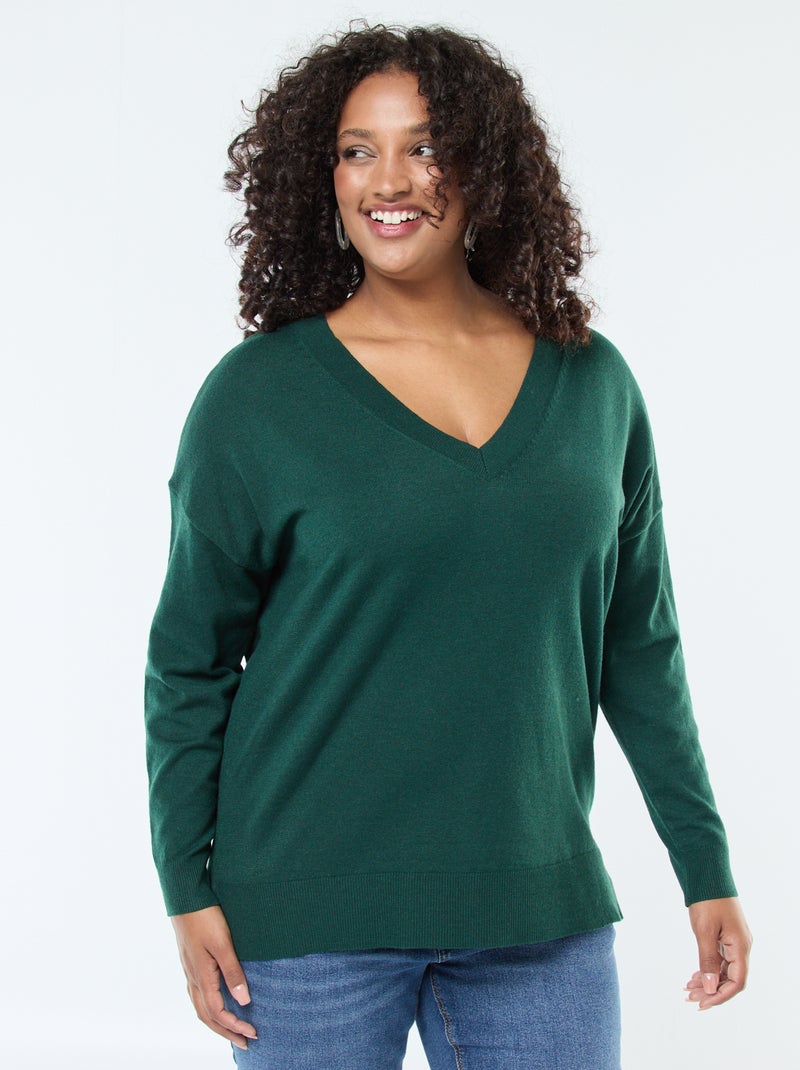 Camisola de malha fina com gola em V Verde - Kiabi