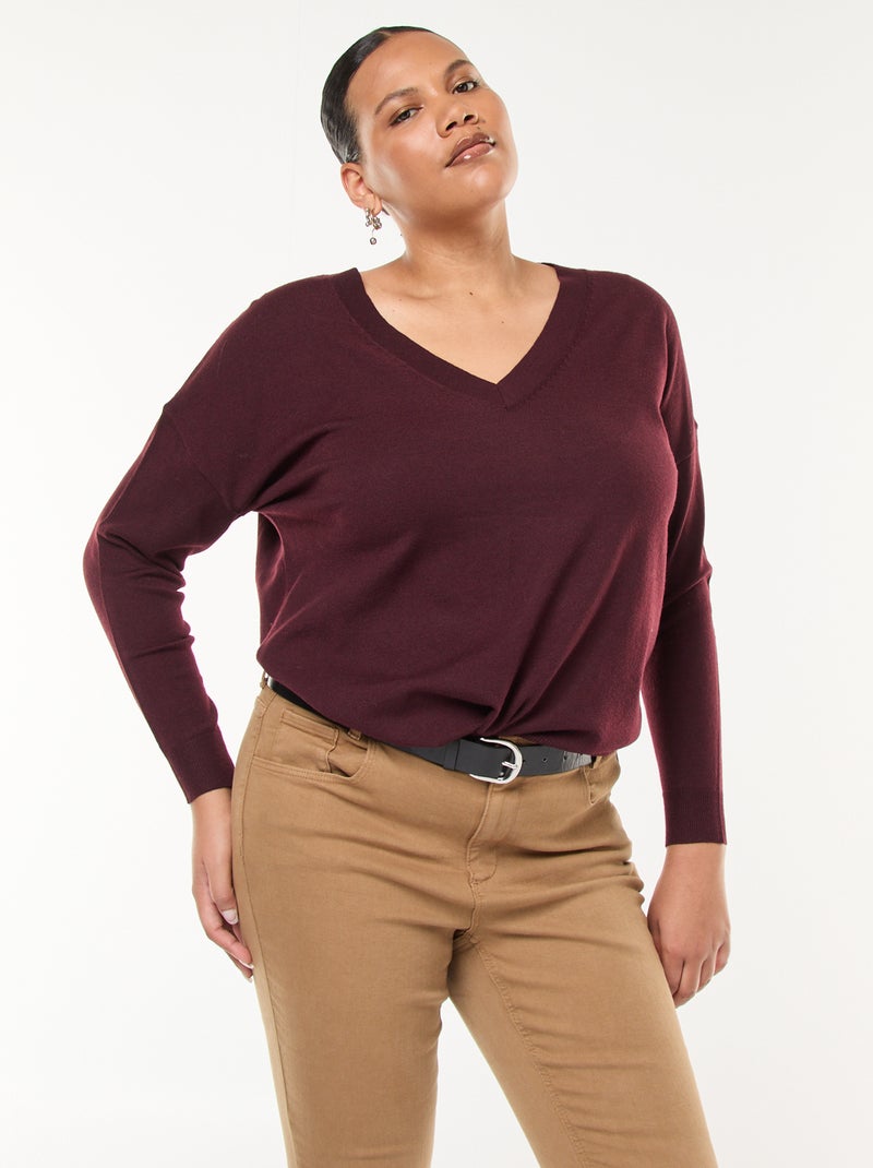 Camisola de malha fina com gola em V Vermelho - Kiabi