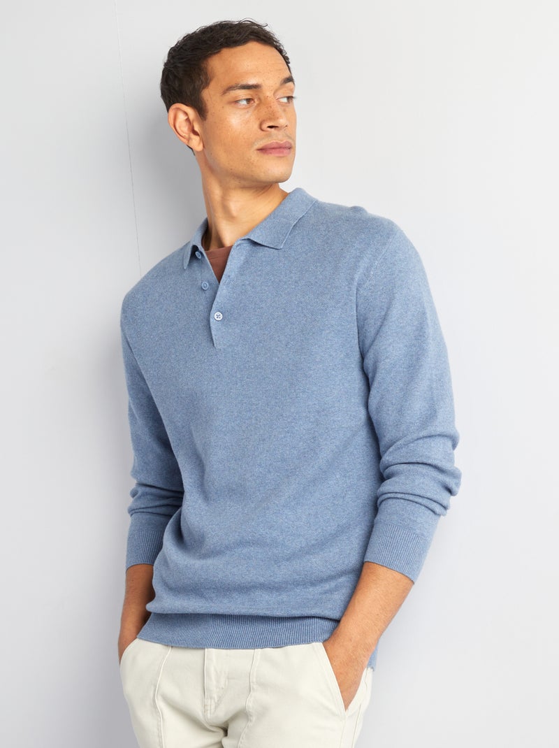 Camisola de malha fina larga com gola de polo e botões AZUL - Kiabi