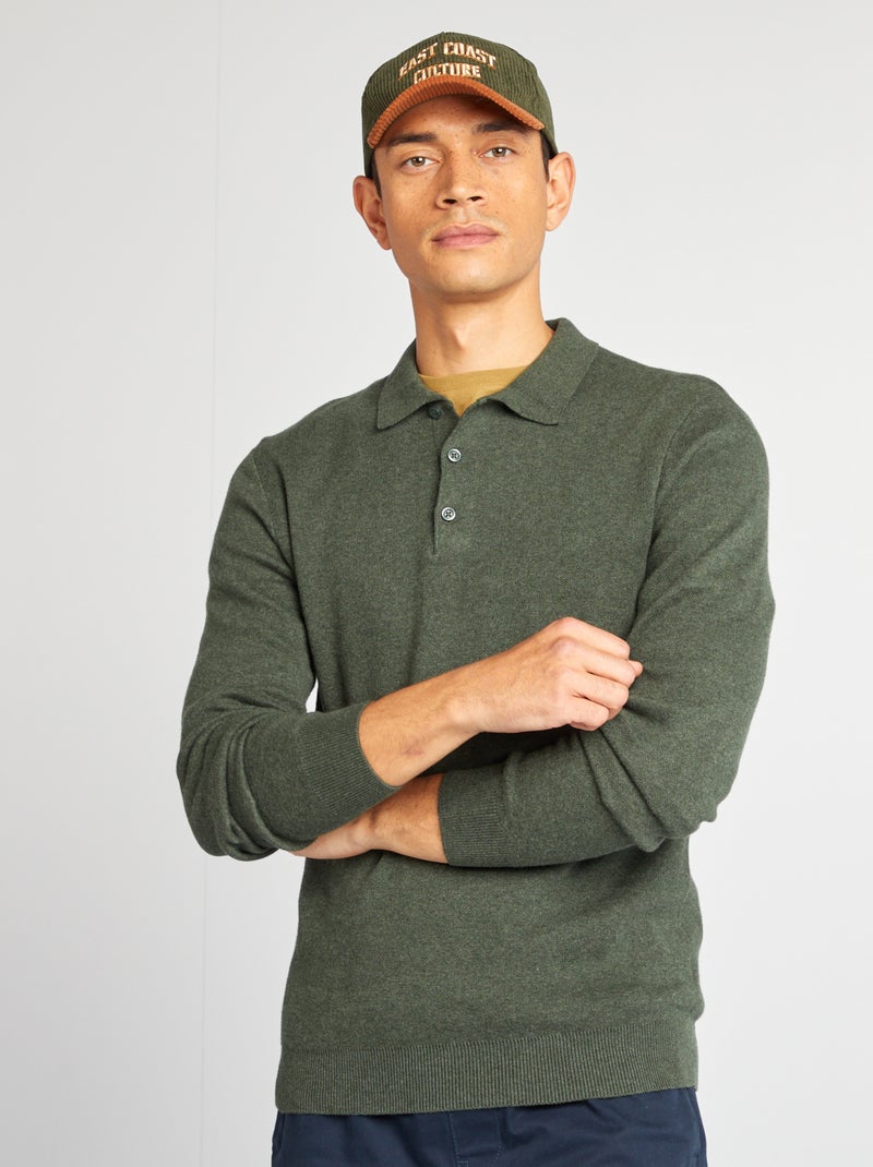 Camisola de malha fina larga com gola de polo e botões CAQUI - Kiabi