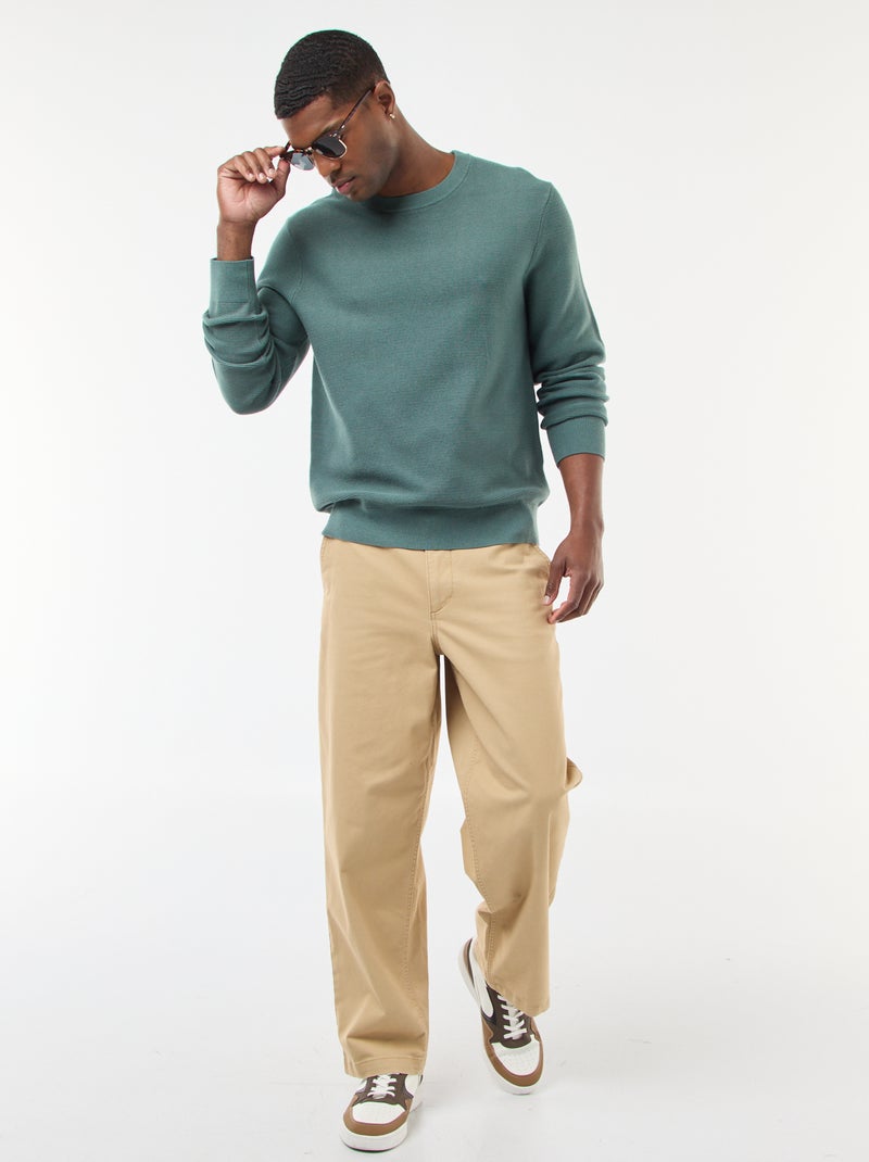 Camisola de malha fina lisa com gola redonda Verde - Kiabi