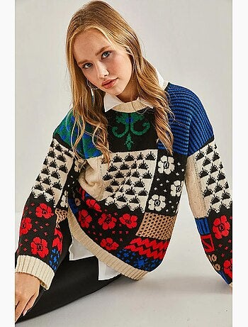 Camisola de malha grossa canelada abstrata com gola redonda lucci