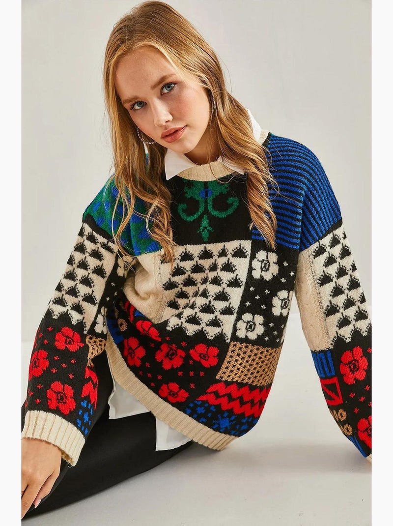 Camisola de malha grossa canelada abstrata com gola redonda lucci Marfim - Kiabi