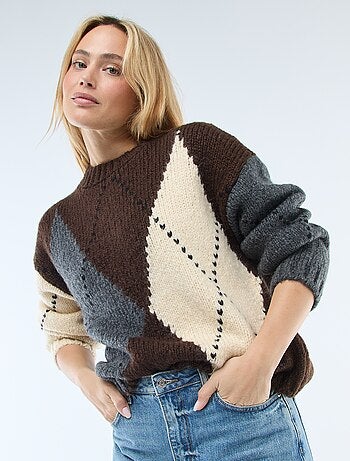 Camisola de malha grossa com estampado de losangos