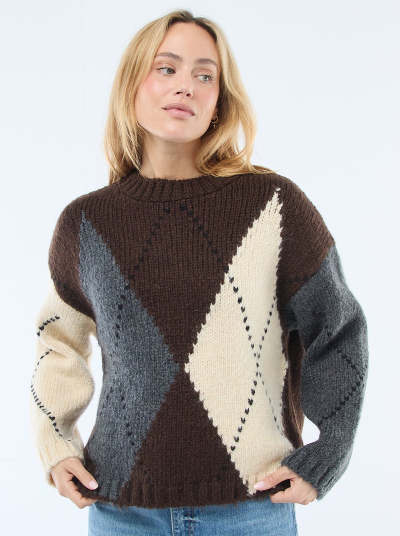 Camisola de malha grossa com estampado de losangos Cinza - Kiabi