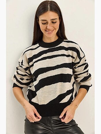 Camisola de malha grossa com estampado zebra e gola redonda lucci