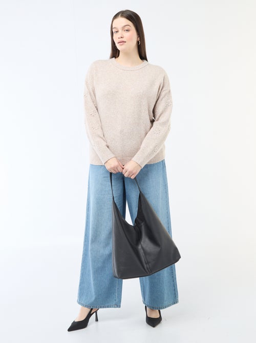 Camisola de malha grossa com mangas compridas e bordados de flores - Kiabi