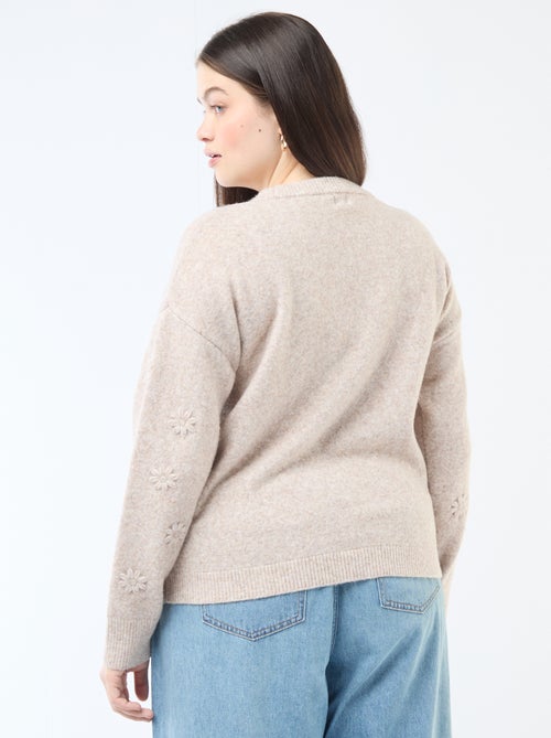 Camisola de malha grossa com mangas compridas e bordados de flores - Kiabi