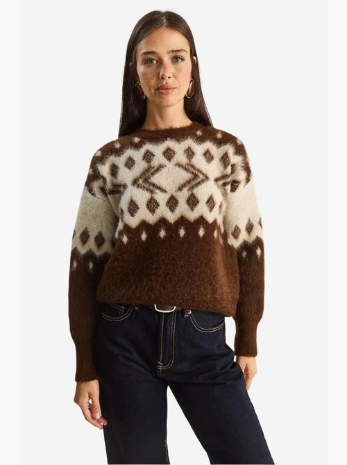 Camisola de malha grossa com padrão étnico e decote redondo lucci - Kiabi Camisola de malha grossa com padrão étnico e decote redondo lucci - Kiabi
