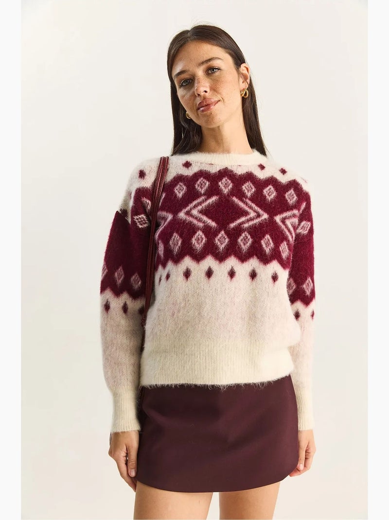 Camisola de malha grossa com padrão étnico e decote redondo lucci Creme - Kiabi