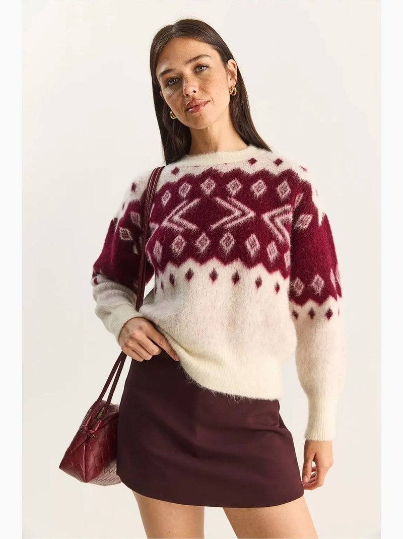 Camisola de malha grossa com padrão étnico e decote redondo lucci Creme - Kiabi