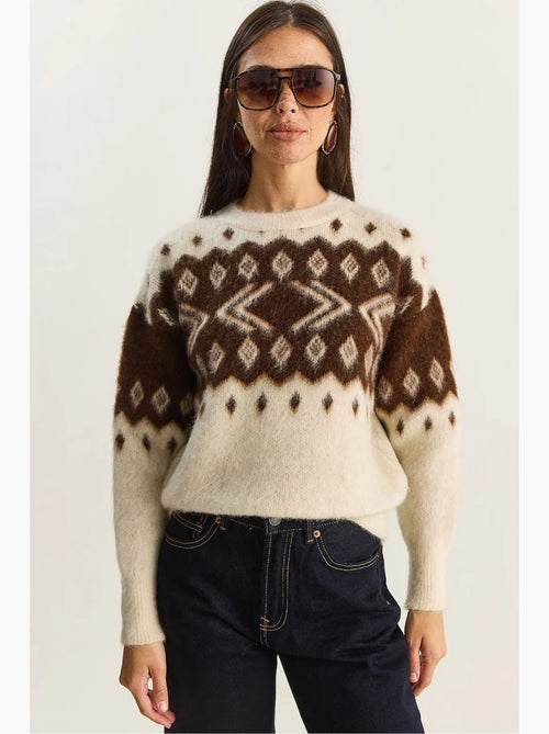 Camisola de malha grossa com padrão étnico e decote redondo lucci - Kiabi Camisola de malha grossa com padrão étnico e decote redondo lucci - Kiabi