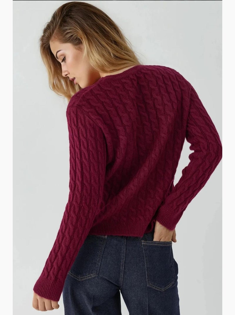 Camisola de malha grossa com tranças e decote redondo hiccup Vermelho bordô - Kiabi