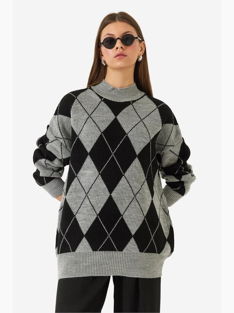 Camisola de malha grossa oversized com padrão baklava e meia gola alta lucci Cinza claro - Kiabi