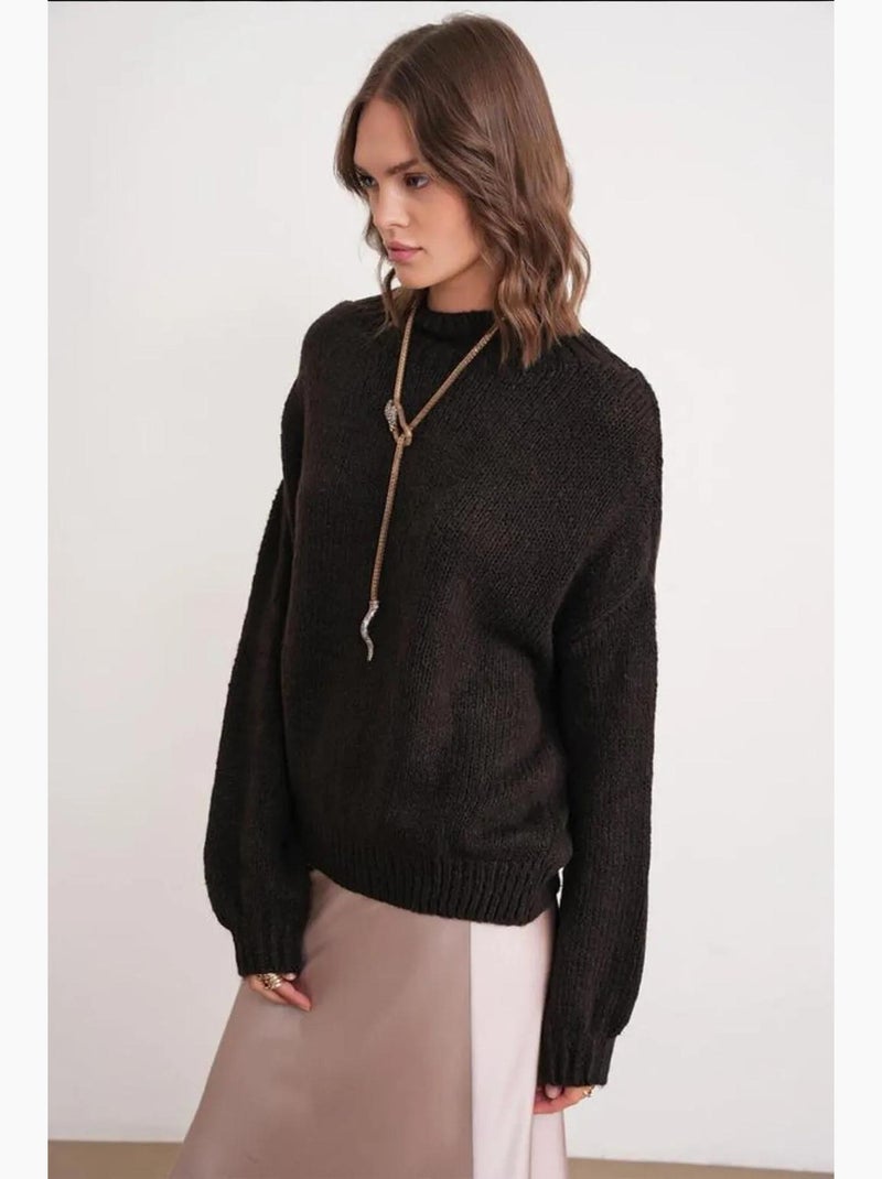 Camisola de malha grossa relaxed fit com gola redonda mixray Castanho-chocolate - Kiabi