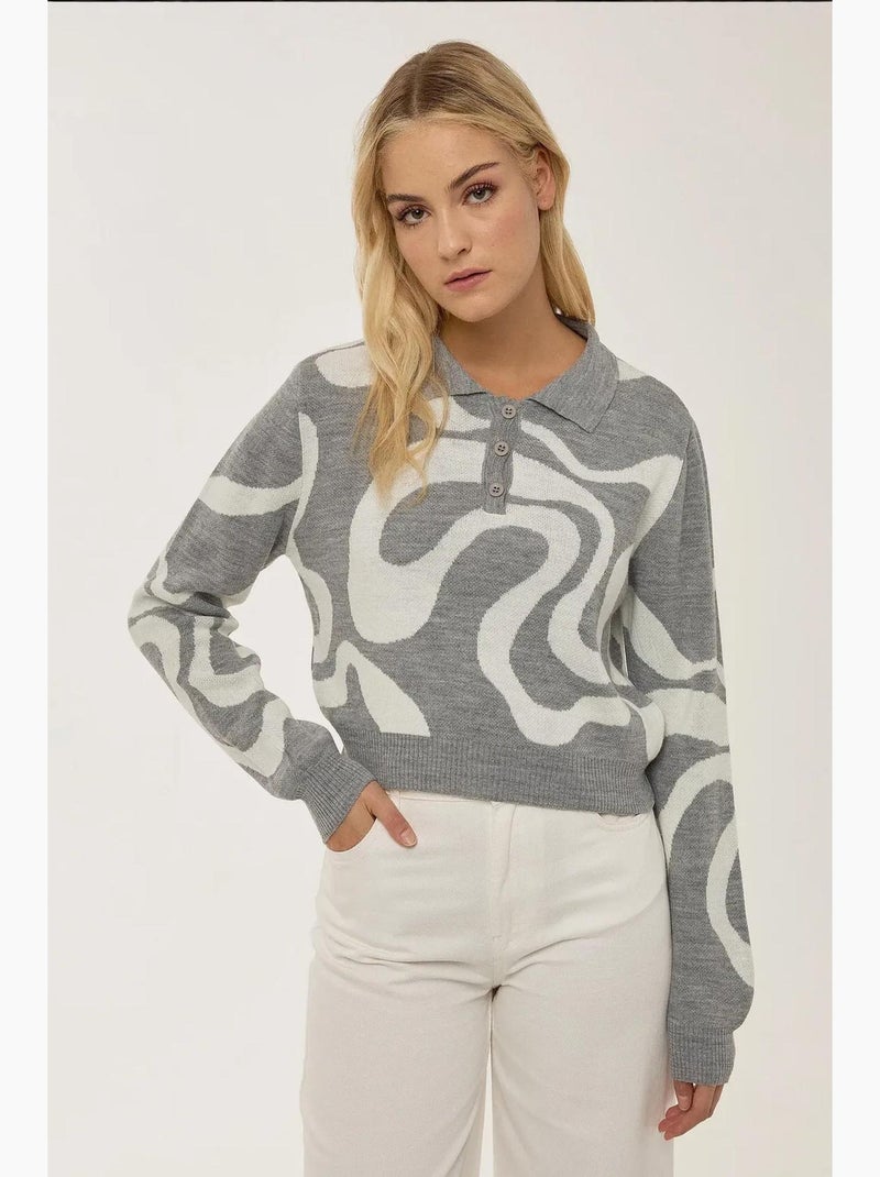 Camisola de malha jacquard com gola polo hiccup Cinza - Kiabi