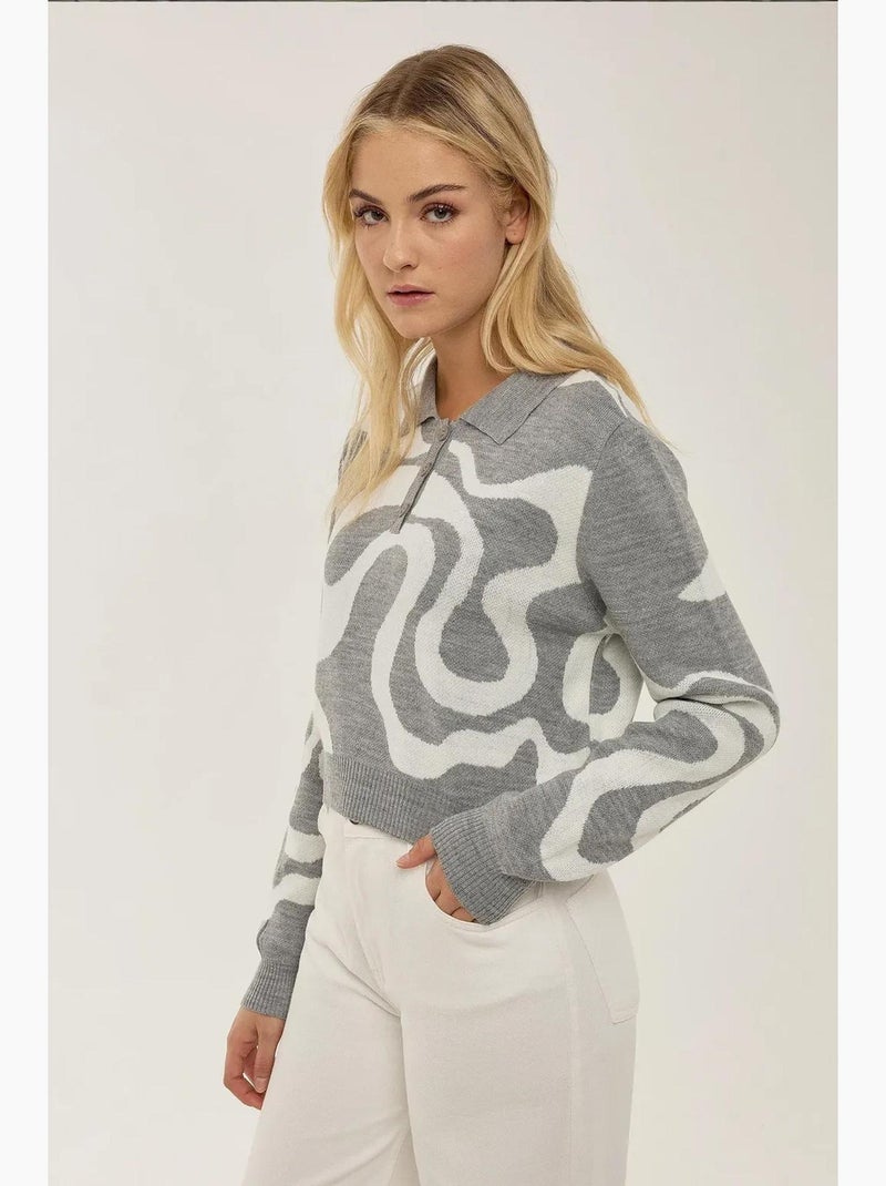 Camisola de malha jacquard com gola polo hiccup Cinza - Kiabi