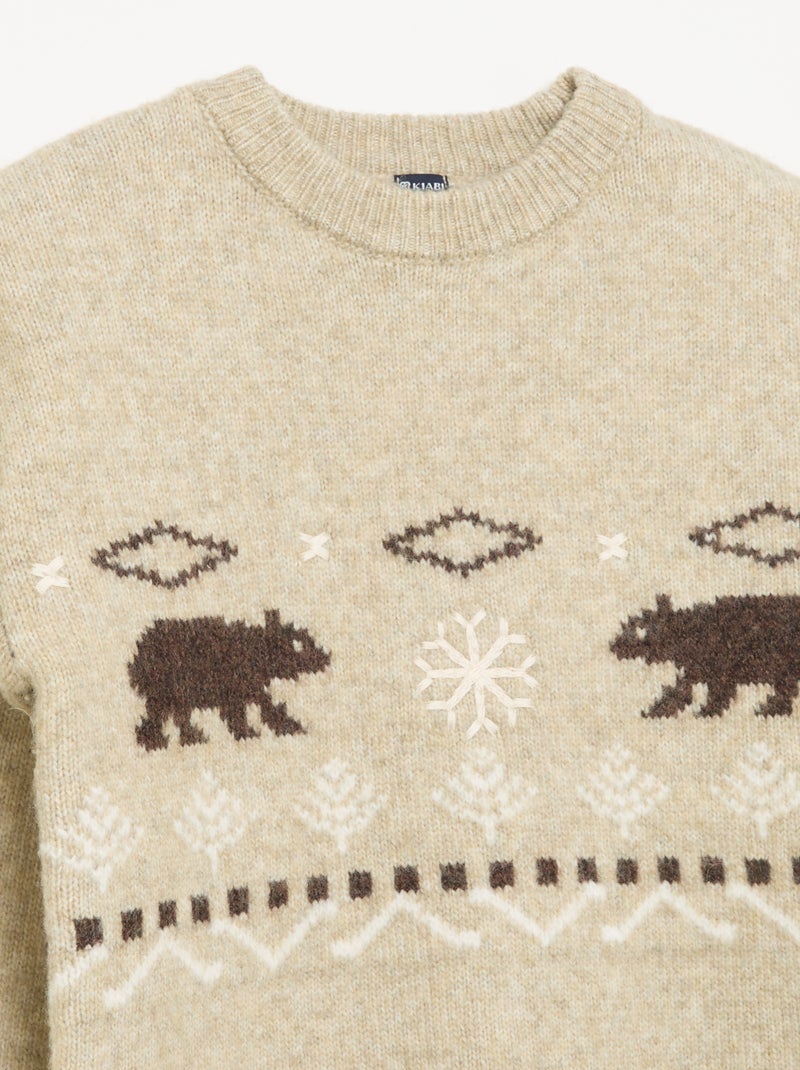 Camisola de malha jacquard com motivos 'urso' Bege - Kiabi
