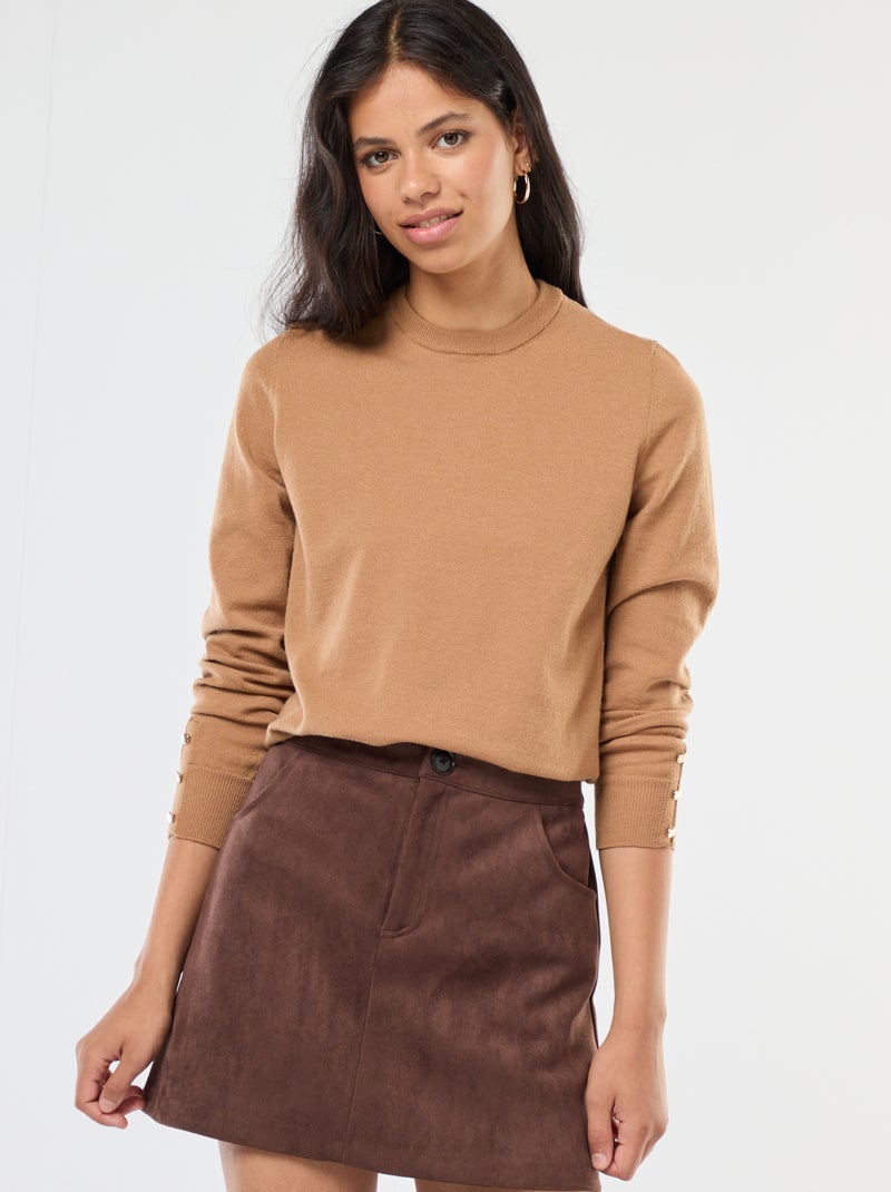 Camisola de malha leve com gola redonda Bege - Kiabi