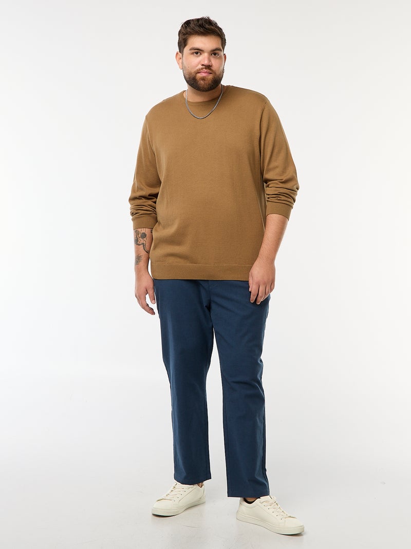 Camisola de malha lisa com gola redonda Castanho - Kiabi