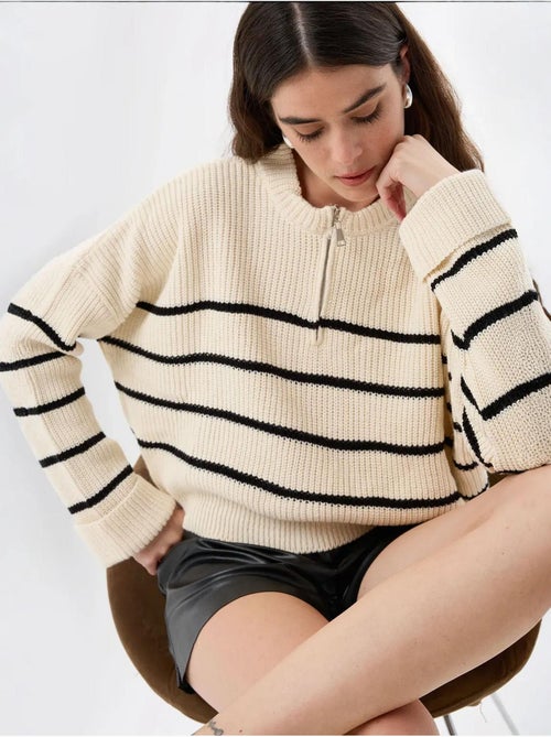 Camisola de malha listrada com fecho - Kiabi Camisola de malha listrada com fecho - Kiabi