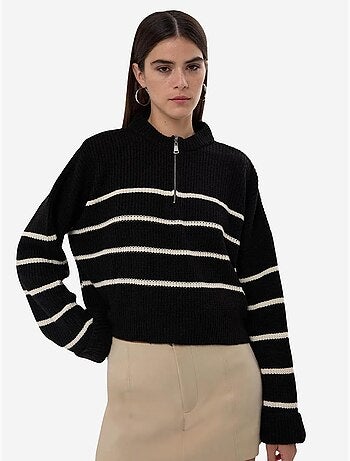 Camisola de malha listrada com fecho
