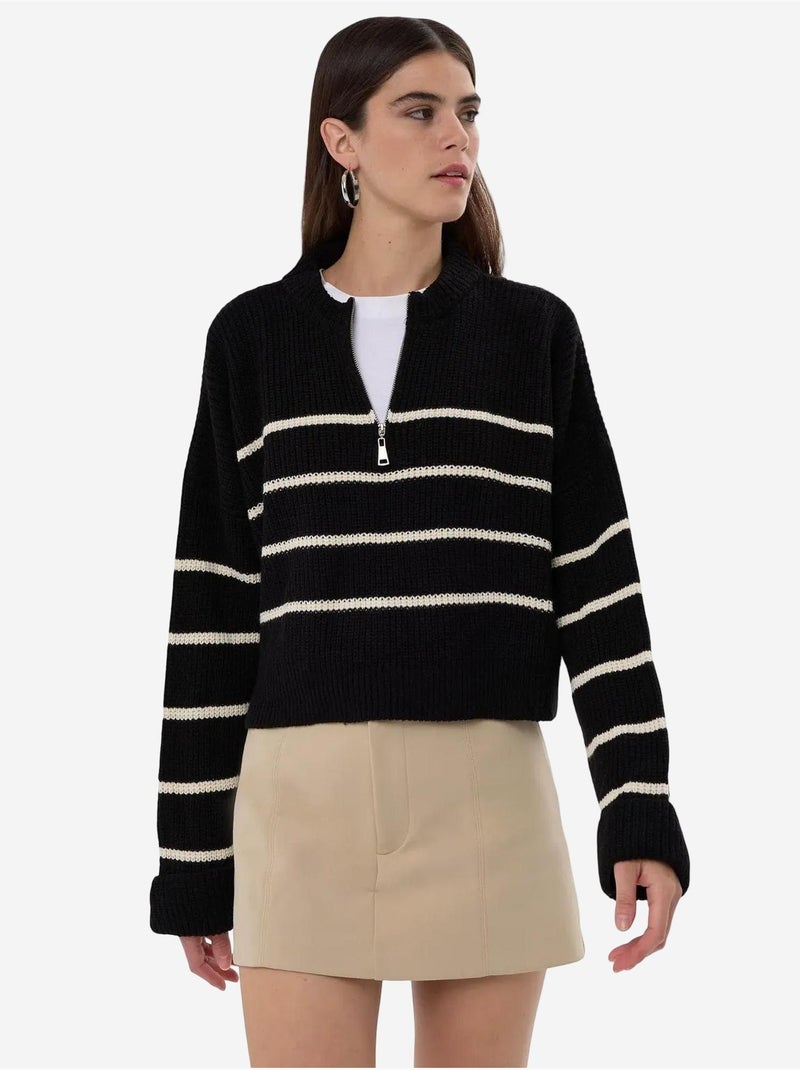 Camisola de malha listrada com fecho Preto - Kiabi