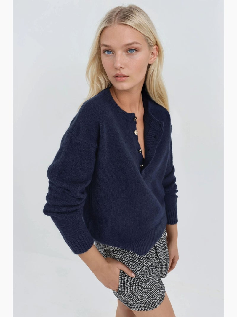 Camisola de malha macia texturizada com botões hiccup Azul-marinho - Kiabi