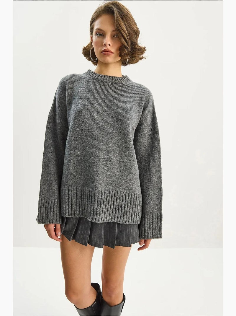 Camisola de malha oversize texturizada com decote redondo lucci Cinza-preto - Kiabi