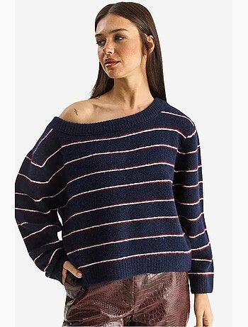 Camisola de malha oversized às riscas com gola assimétrica lucci