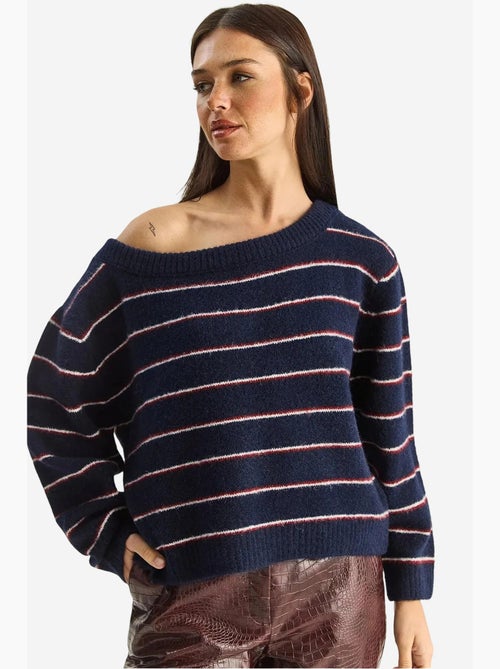 Camisola de malha oversized às riscas com gola assimétrica lucci - Kiabi Camisola de malha oversized às riscas com gola assimétrica lucci - Kiabi