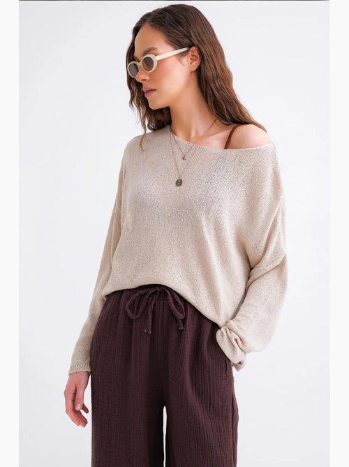 Camisola de malha oversized com decote barco mixray - Kiabi Camisola de malha oversized com decote barco mixray - Kiabi