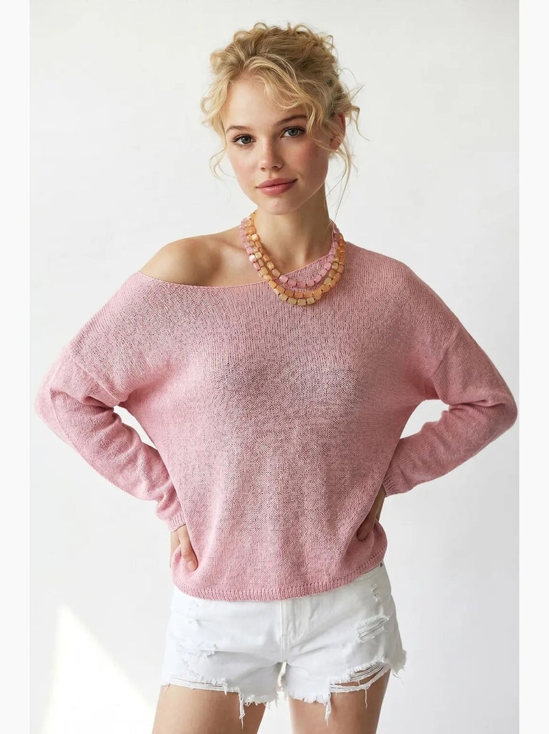 Camisola de malha oversized com decote barco mixray Rosa - Kiabi