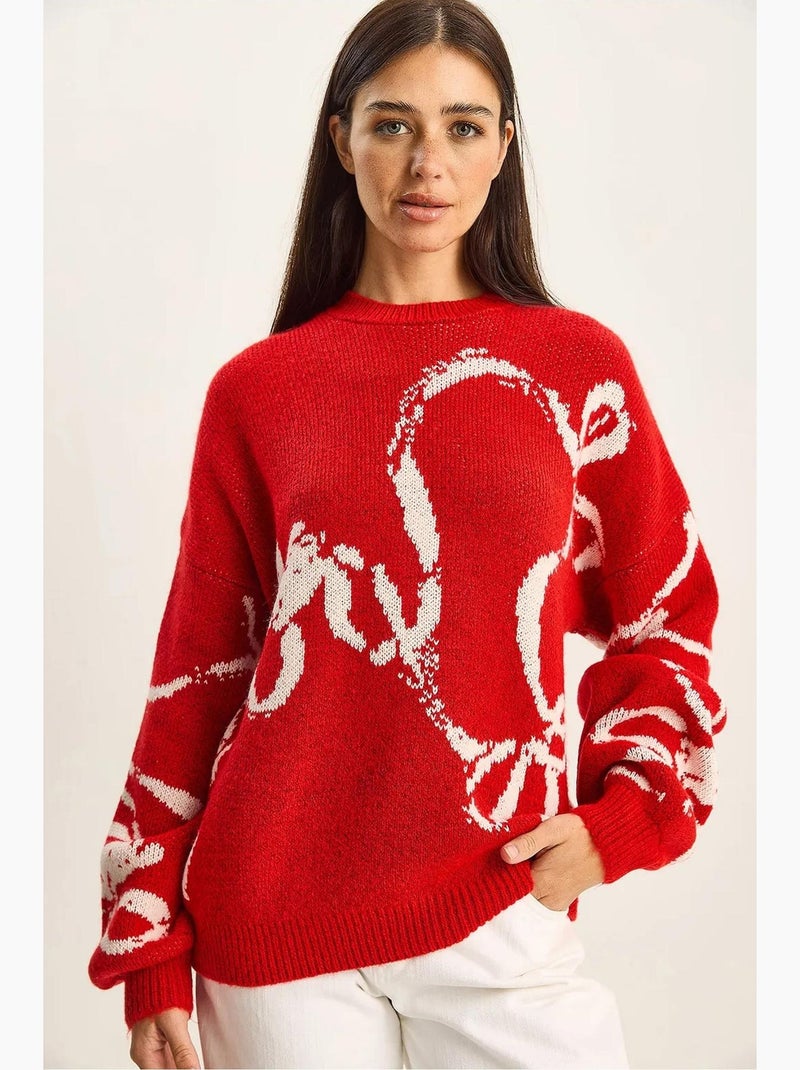 Camisola de malha oversized com decote redondo e estampado lucci Branco Vermelho - Kiabi