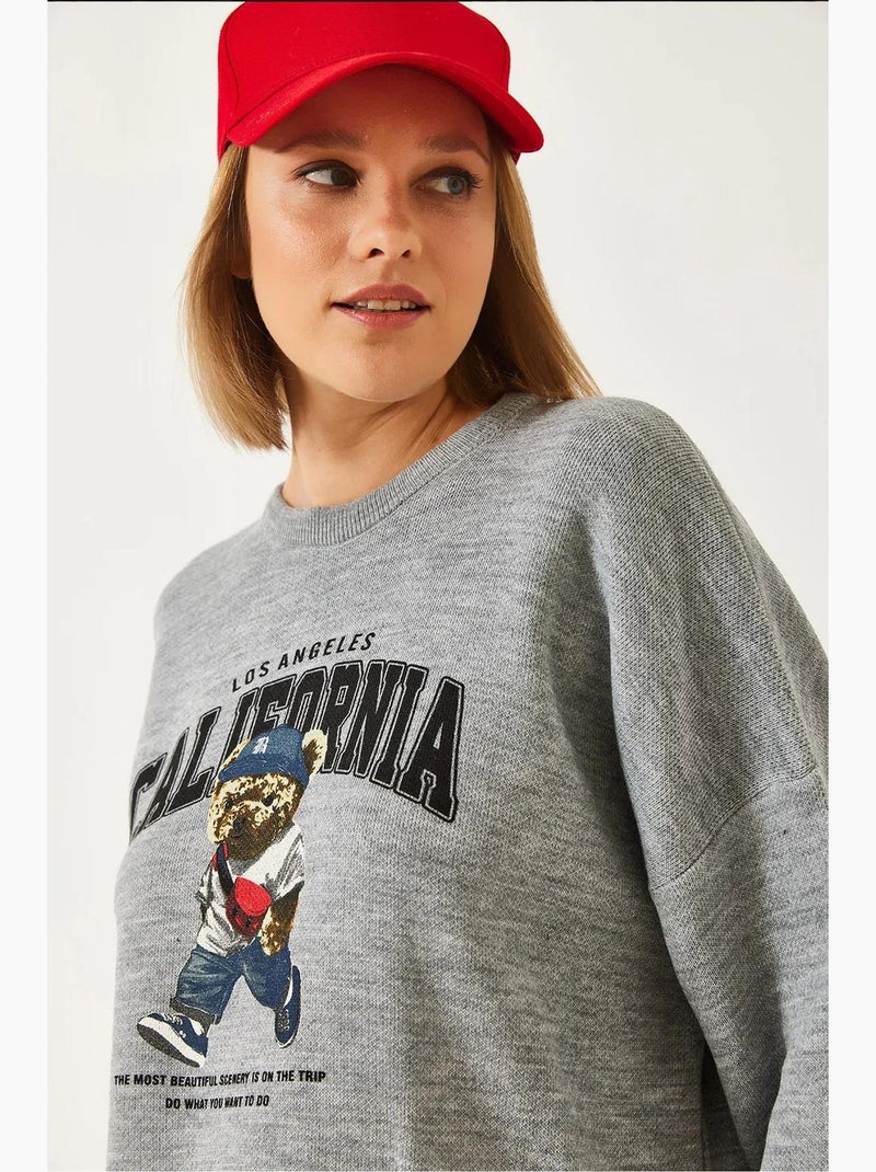 Camisola de malha oversized com estampado de urso e gola redonda lucci Cinza - Kiabi