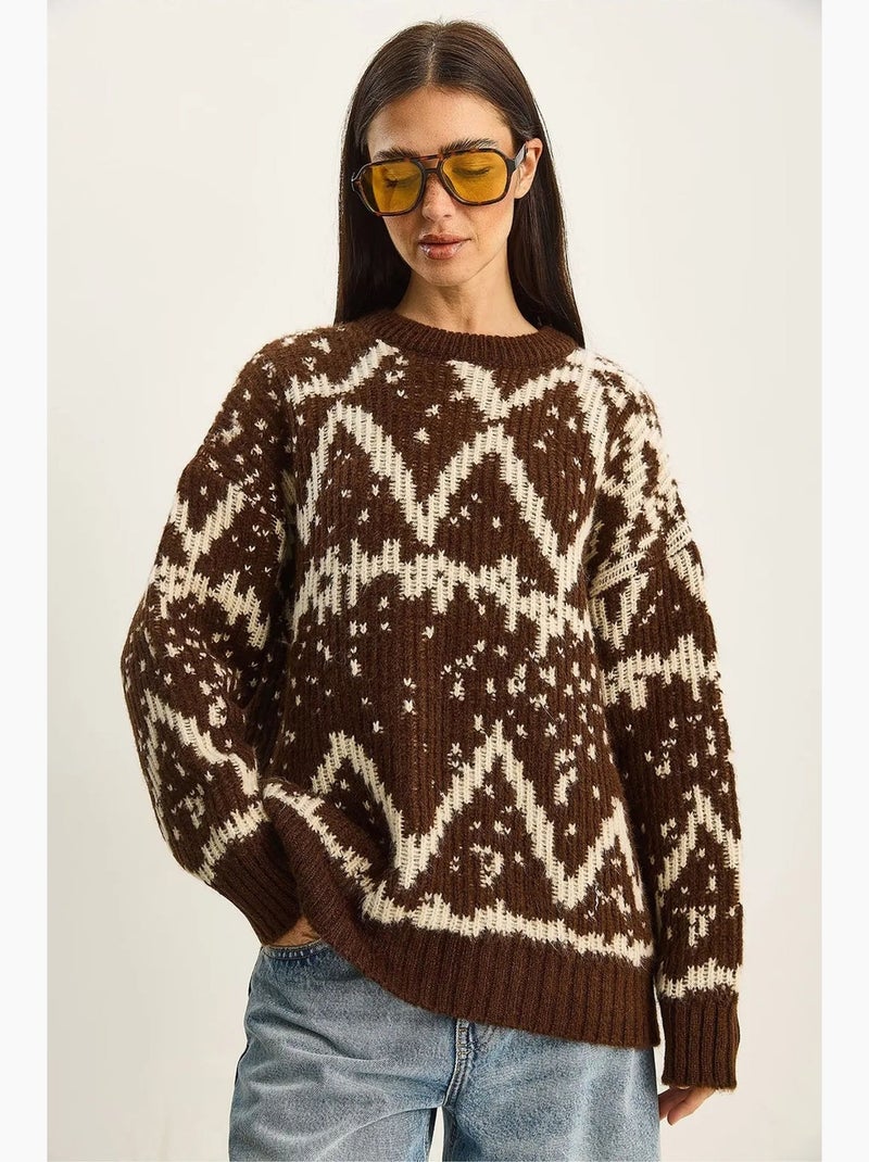 Camisola de malha oversized com padrão étnico lucci Castanho - Kiabi